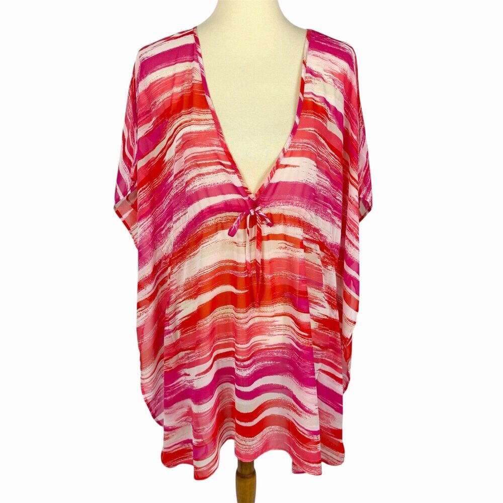Chico’s Abstract Print Flowy Chiffon V-Neck Swim Beach Cover Up Small Medium